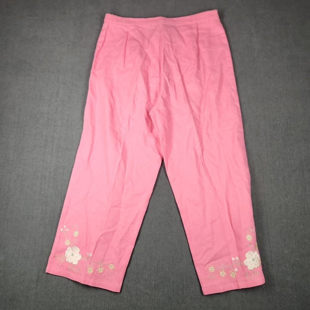 Sag Harbor Pants Womens Size 8 Petite Cropped Linen‎ Embroidered Floral Pink - Picture 2 of 10